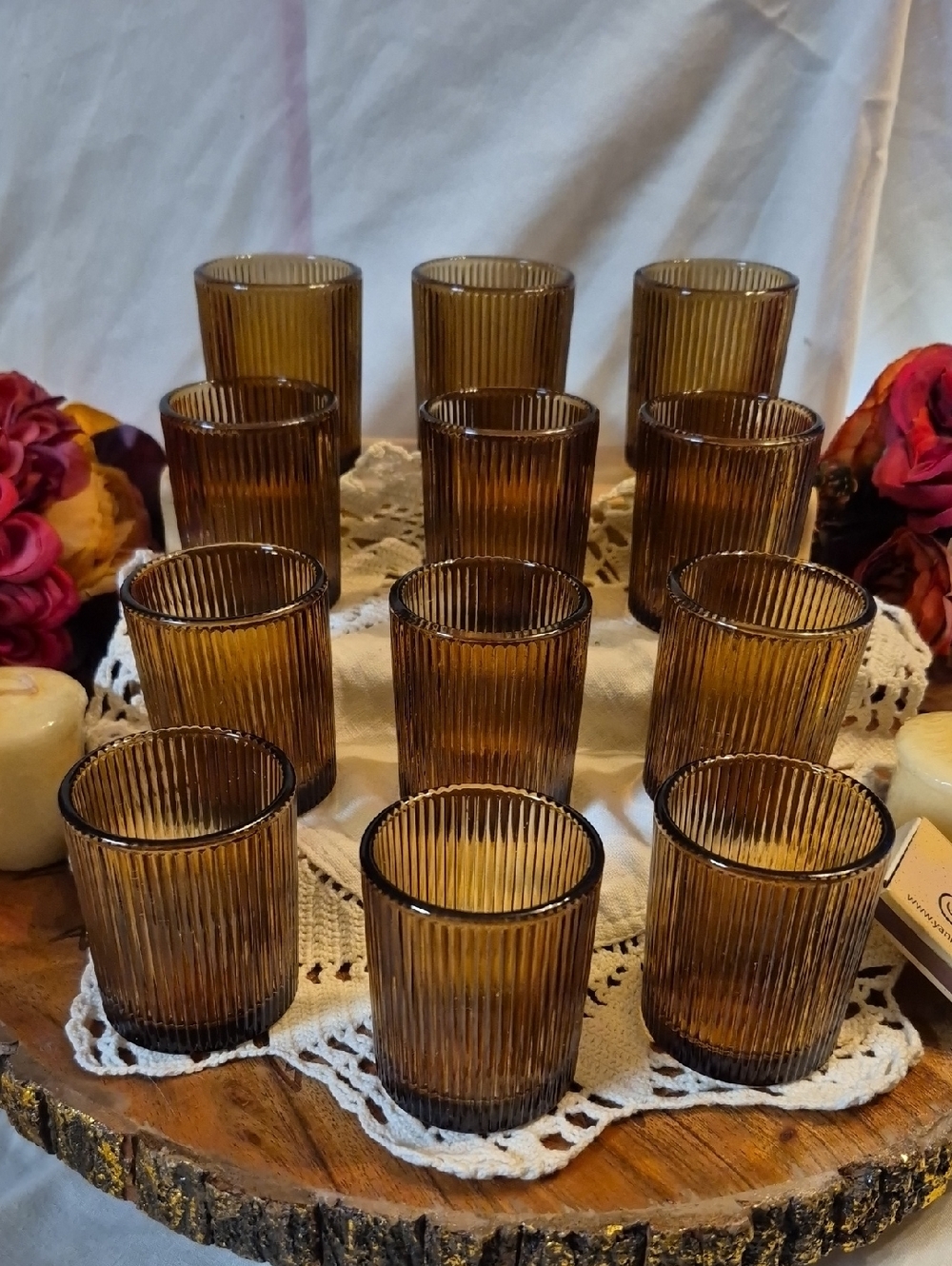 12 Pack Amber Glass Votive Candle Holders